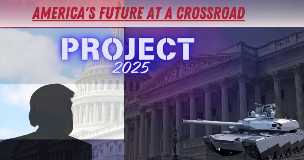 Illustration of Project 2025 with U.S. Capitol building split into contrasting tones, a silhouette of Donald Trump, and symbols representing proposed changes