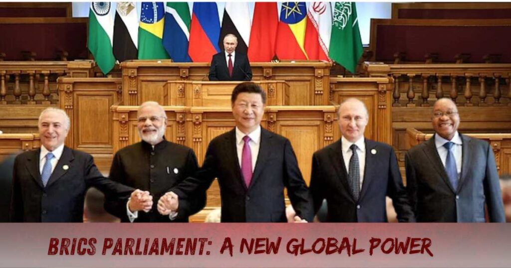 World leaders from BRICS countries standing in front of a conceptual parliament building with BRICS flags, highlighting Putin's vision for a BRICS Parliament.