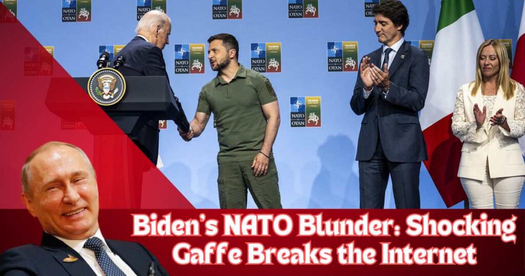 Image of President Joe Biden speaking at the NATO summit, looking serious. Adjacent image showing NATO flags and a concerned Ukrainian President Volodymyr Zelensky.