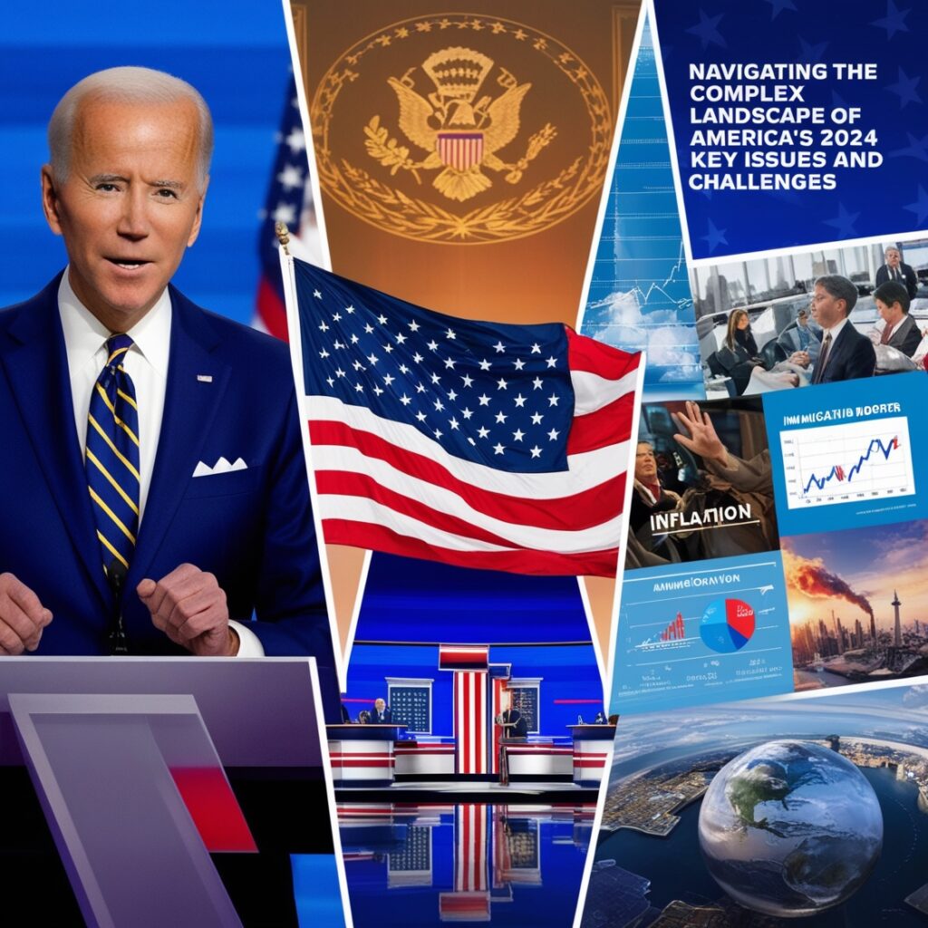 Collage featuring President Joe Biden during a debate, an American flag, and images representing immigration, inflation, job market, and global geopolitical issues.