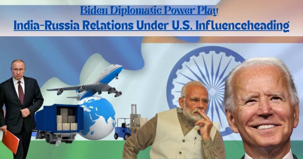 Thumbnail image depicting a diplomatic power play between India, Russia, and the U.S. featuring Prime Minister Narendra Modi shaking hands with Russian President Vladimir Putin on the left, and a handshake overlaid with the American flag on the right. The background includes a world map with India and Russia highlighted. Overlay text reads 'Diplomatic Power Play' and 'India-Russia Relations Under U.S. Influence