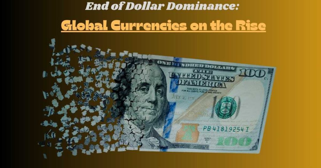 Depiction of the US dollar crumbling with international currencies rising in the background