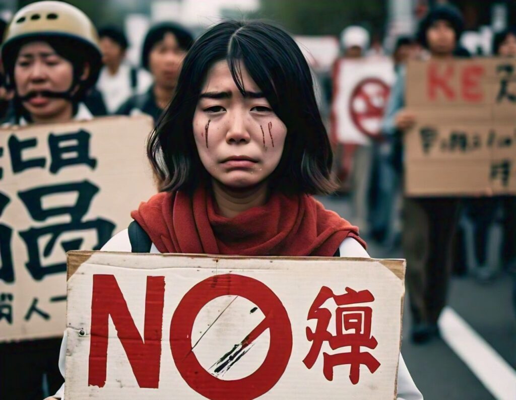 A sad Japanese girl crying with a blurred background of protesters holding signs against US military crimes in Japan