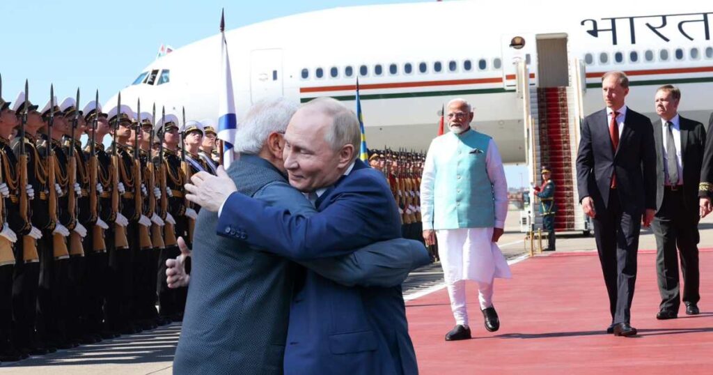 Prime Minister Narendra Modi receives a grand welcome in Russia, highlighting India-Russia relations with flags, military honors, and international reactions.