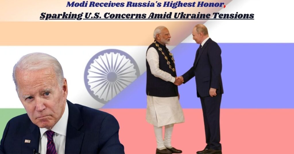 Prime Minister Narendra Modi receiving the St. Andrew's Order from President Vladimir Putin, symbolizing a significant diplomatic event between India and Russia.