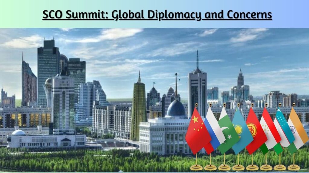 Thumbnail image for SCO Summit article, featuring SCO member countries flag, Kazakhstan skyline, and diplomatic symbols